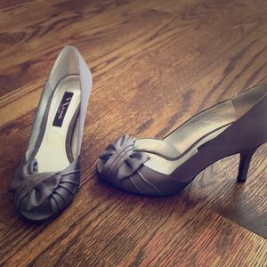 Silver peep toe heels